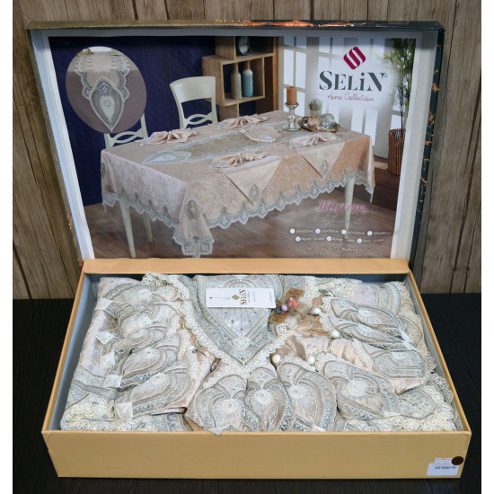 Велюровая скатерть с ранером Selin Hurrem Set 160×350 + 12 салфеток