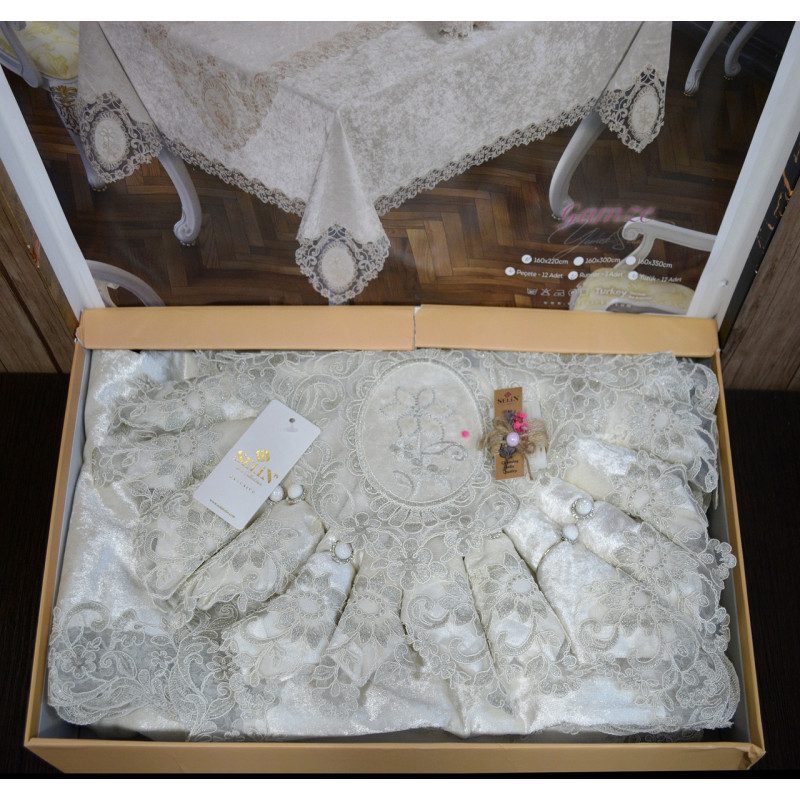 Велюровая скатерть с ранером Selin Gamze Set 160×300+12 салфеток Беж Велюровая скатерть с ранером Selin Gamze Set 160×300+12 салфеток Беж