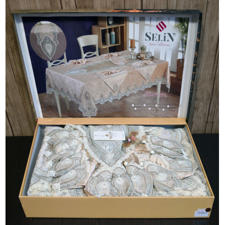 Велюрова скатертина з ранером Selin Hurrem Set 160×300 + 12 серветок Беж