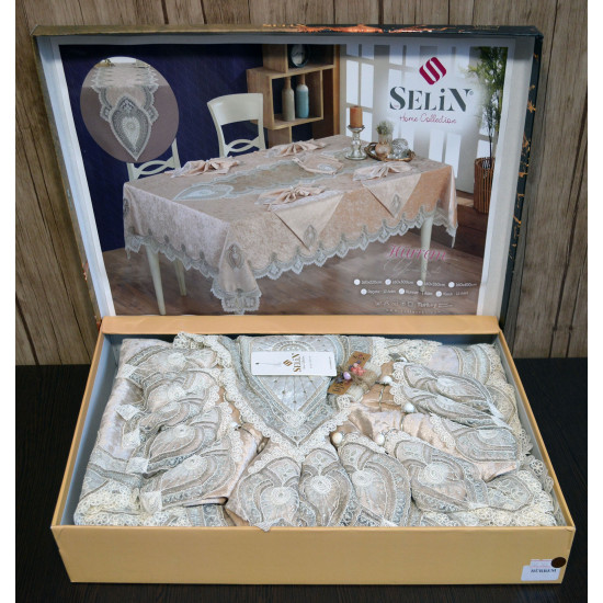 Велюровая скатерть с ранером Selin Hurrem Set 160×300 + 12 салфеток Беж