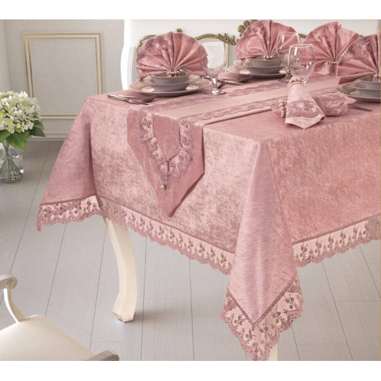 Велюровая скатерть с ранером Selin Aylin Set 160×300+12 салфеток