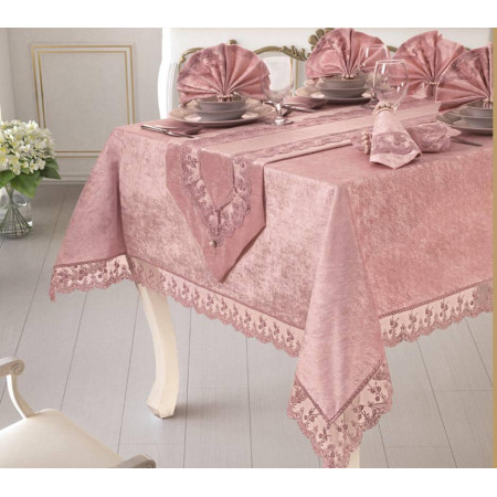 Велюровая скатерть с ранером Selin Aylin Set 160×220+12 салфеток