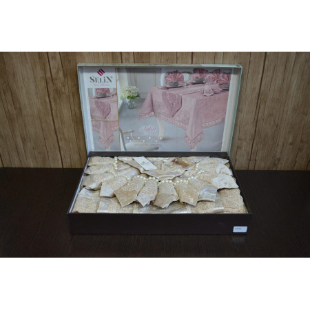 Велюровая скатерть с ранером Selin Aylin Set 160×300+12 салфеток Беж
