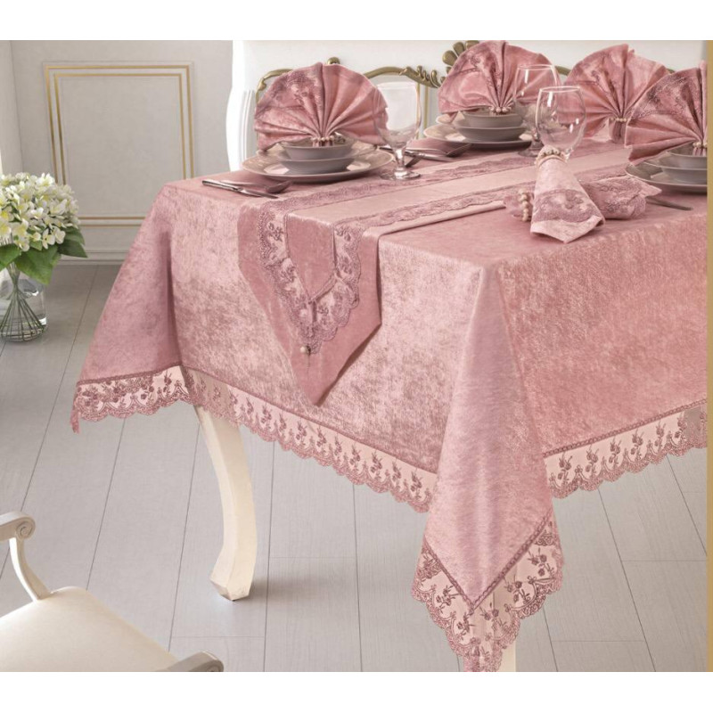 Велюровая скатерть с ранером Selin Aylin Set 160×300+12 салфеток Беж Велюровая скатерть с ранером Selin Aylin Set 160×300+12 салфеток Беж