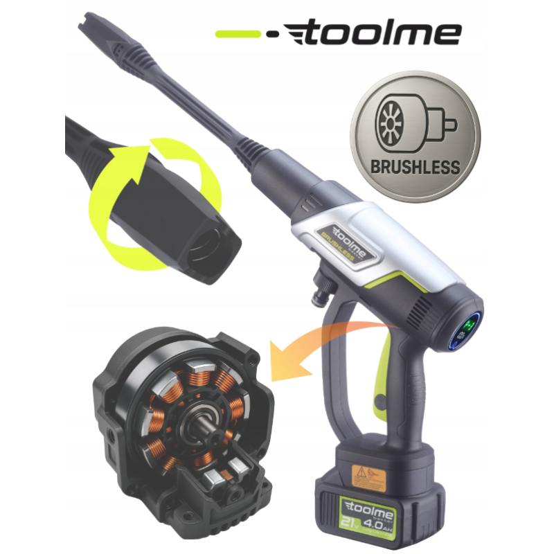 Аккумуляторная мойка высокого давления Toolme TM280 PRO BRUSHLESS 450 Вт с алюминиевой помпой, 2 АКБ 21В, пеногенератор (Польша)