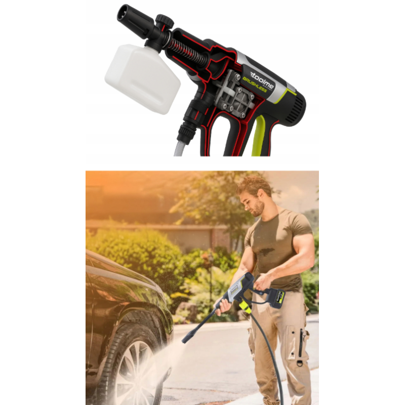 Аккумуляторная мойка высокого давления Toolme TM280 PRO BRUSHLESS 450 Вт с алюминиевой помпой, 2 АКБ 21В, пеногенератор (Польша)